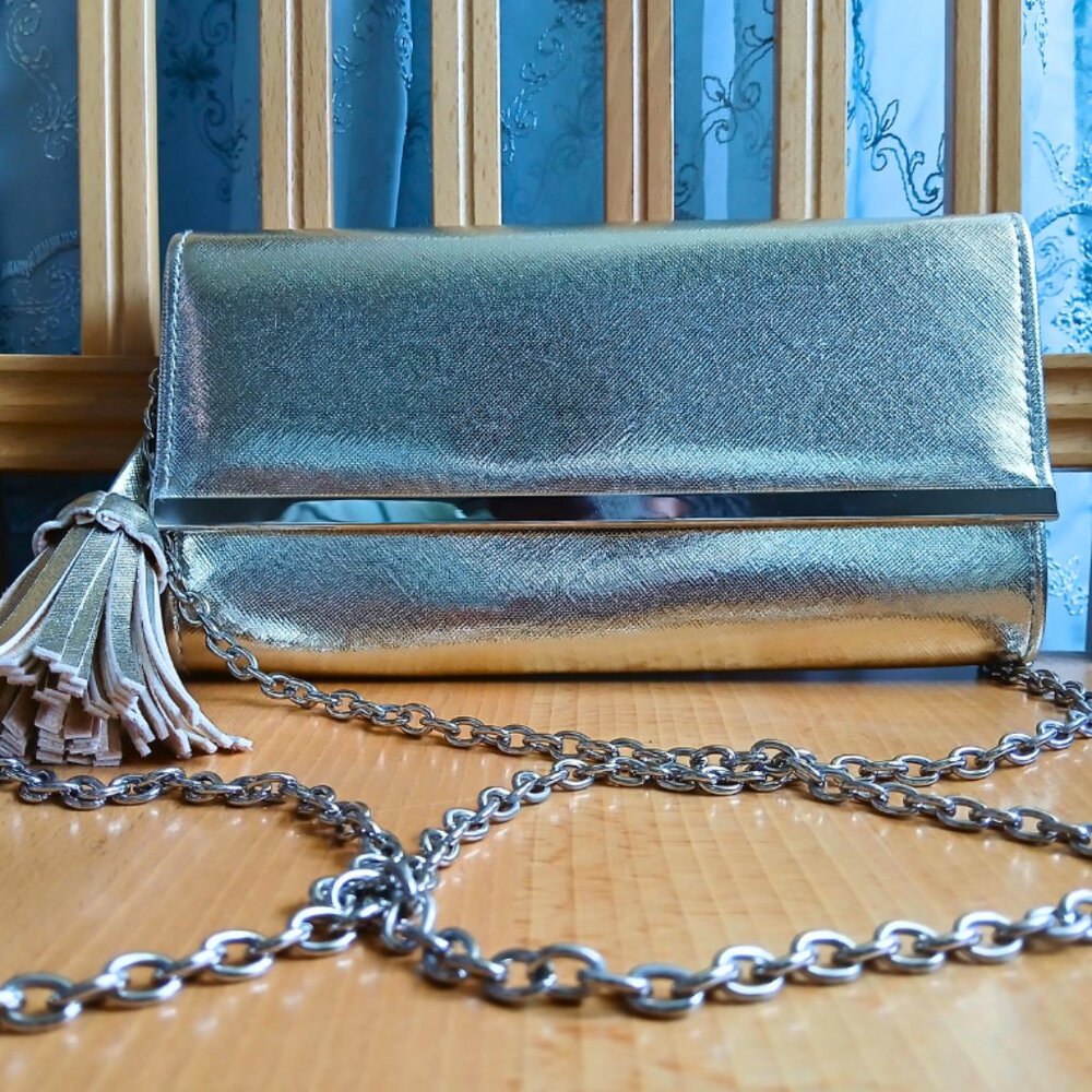 Champagne Metallic Clutch Kate Landry Crossbody Tassel Chain Strap NWOT Purse